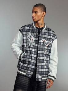 ROMWE MEN Prep Herren Karomuster Patchwork Knopfleiste Lässige vielseitige Baseball Jacke, Herbst - Verschiedenfarbig - Übersicht 3