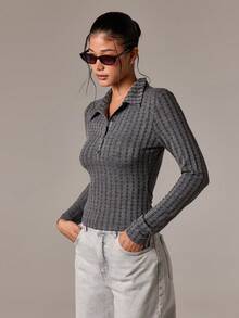 AiiRZ Pointelle Knit Long Sleeve Henley Button Up Crop Top Form Fitting Ribbed Fall Winter Fashion Classic Collar Retro Style - Khaki - View 3