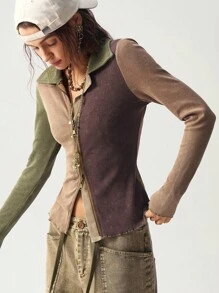 Bohemela 休闲针织拼布长袖修身女上衣 - 摩卡棕 - 查看 6