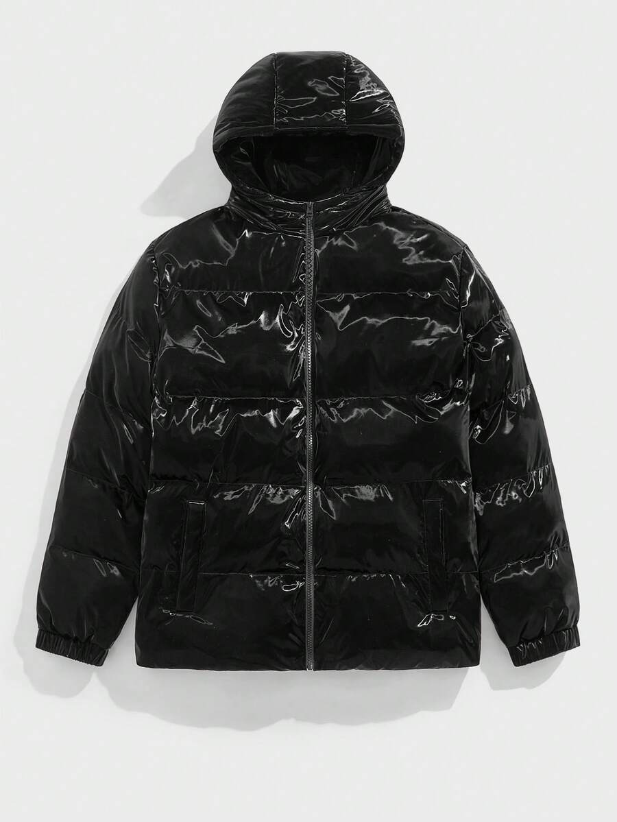 EASEVO 秋季大码男士亮面长袖连帽加厚冬季外套 - 黑色 - 查看 1