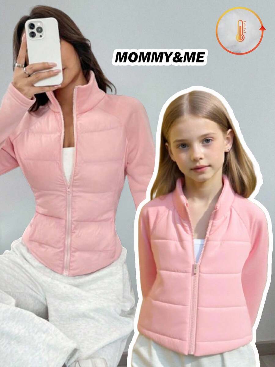 SHEIN Girls Casual Fitted Quilted Faux Fur Collar Long Sleeve Jacket, Pink, Winter Girls Spring Jacket Girls Pink Jacket Kids Pink Jacket Toddler Girl Jacket Childrens Lightweight Jacket - Pink - View 1