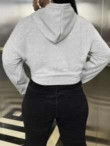 INAWLY 女式休闲骑士印花长袖短款连帽衫，秋季 - 灰色 - 查看 2