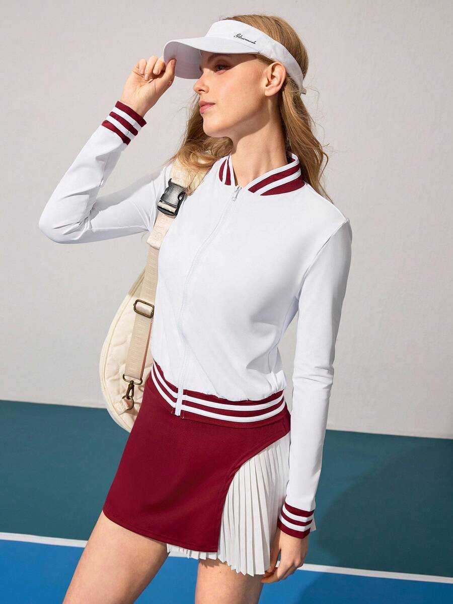 CourtClass Women's Contrast Striped Trim Zip-Up Baseball Jacket, Sports Jacket - White - View 1