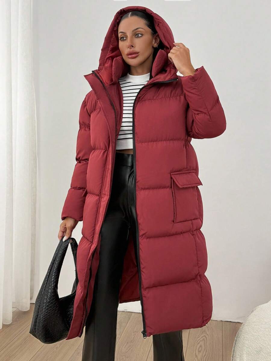 EURMUSE Casual Solid Color Hooded Jacket, Winter - Burgundy - View 1