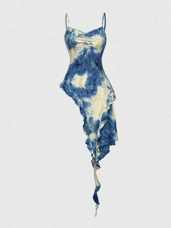 Grunge Punk Y2K Distressed Batik Asymmetrisches Rüschen Saum Design Damen Trägerhemd