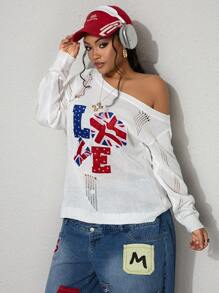 ROMWE Street Life Back To School Plus Size Loose Knit Sweater With UK Flag, Love Jacquard, And Distressed Shoulder Design, Plus Size - White - View 3