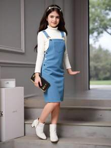 Sparklyn Tween Girl 1pc Patched Pocket Pinafore Dress - Dusty Blue - View 3