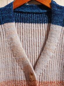 LanaWest 女士宽松针织长袖拼色开衫 - 藍色 - 查看 3