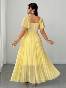 Elenzga Plus Size Women's Short Sleeve Square Neck Waist Gathered A-Line Elegant Romantic Cream Yellow Dress - Yellow - View 2