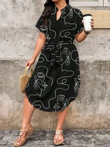 EMERY ROSE Plus Size Women's Casual Minimalist Line Print Solid Black Dress, Suitable For Summer Commute And Beach Chic Dress - Multicolor - View 4