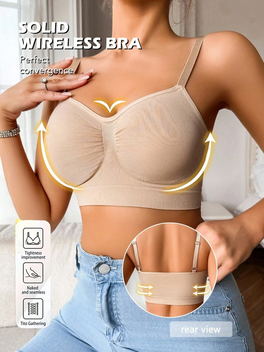 SHEIN 1 件女士无缝无钢圈柔软舒适吊带文胸 - 杏色 - 查看 1