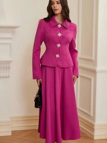 Chiquease 法式优雅淑女风格修身领长袖上衣和高腰喇叭裙，时尚百搭亚麻女士套装 - 玫紅色 - 查看 4