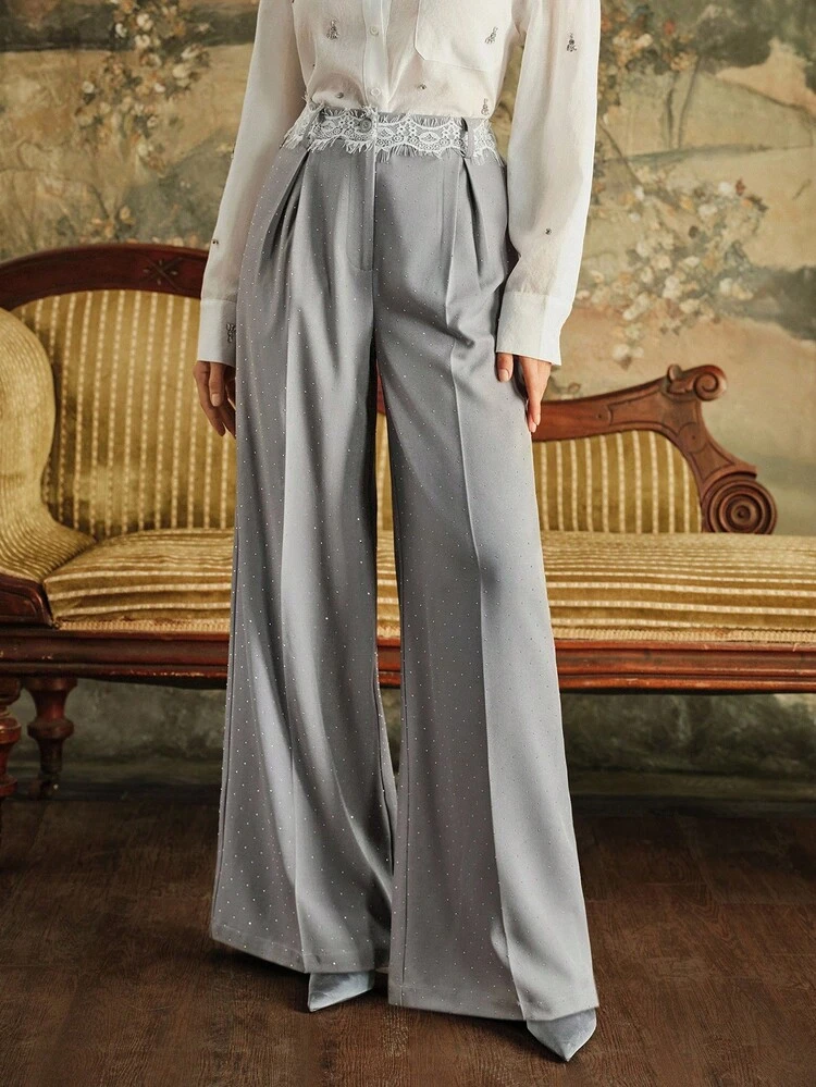 Elegant Women's High Waist Lace Patchwork Draping Rhinestone Embellished Dress Pants, Suitable For Birthday Party, Fall/Winter, Christmas, New Year, Elegant, Luxury, Chic, Casual, Business