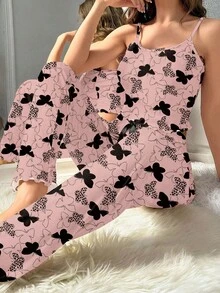 SHEIN 蝴蝶印花女士吊带背心和裤子睡衣套装 - 彩色 - 查看 3