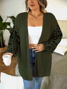 EMERY ROSE Plus Size Women Leopard Print Knit Casual Versatile Lantern Sleeve Cardigan Sweater Fall Winter Cloth For Women Autumn - Army Green - View 6