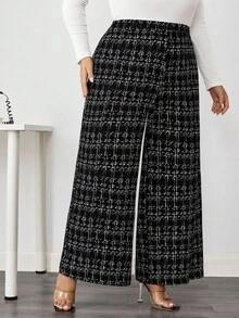 SHEIN CURVE+ 大码女式优雅格子印花弹力针织裤，适合各种场合，适合优雅的日常通勤、商务休闲/秋冬 - 彩色 - 查看 4