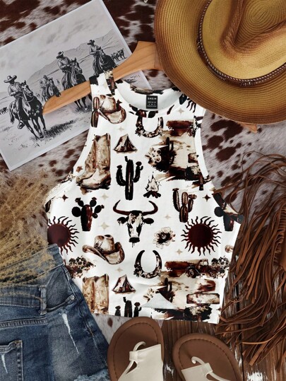 SHEIN EZwear Camiseta de tirantes ajustada de mujer con diseño minimalista de cactus, adecuada para el verano