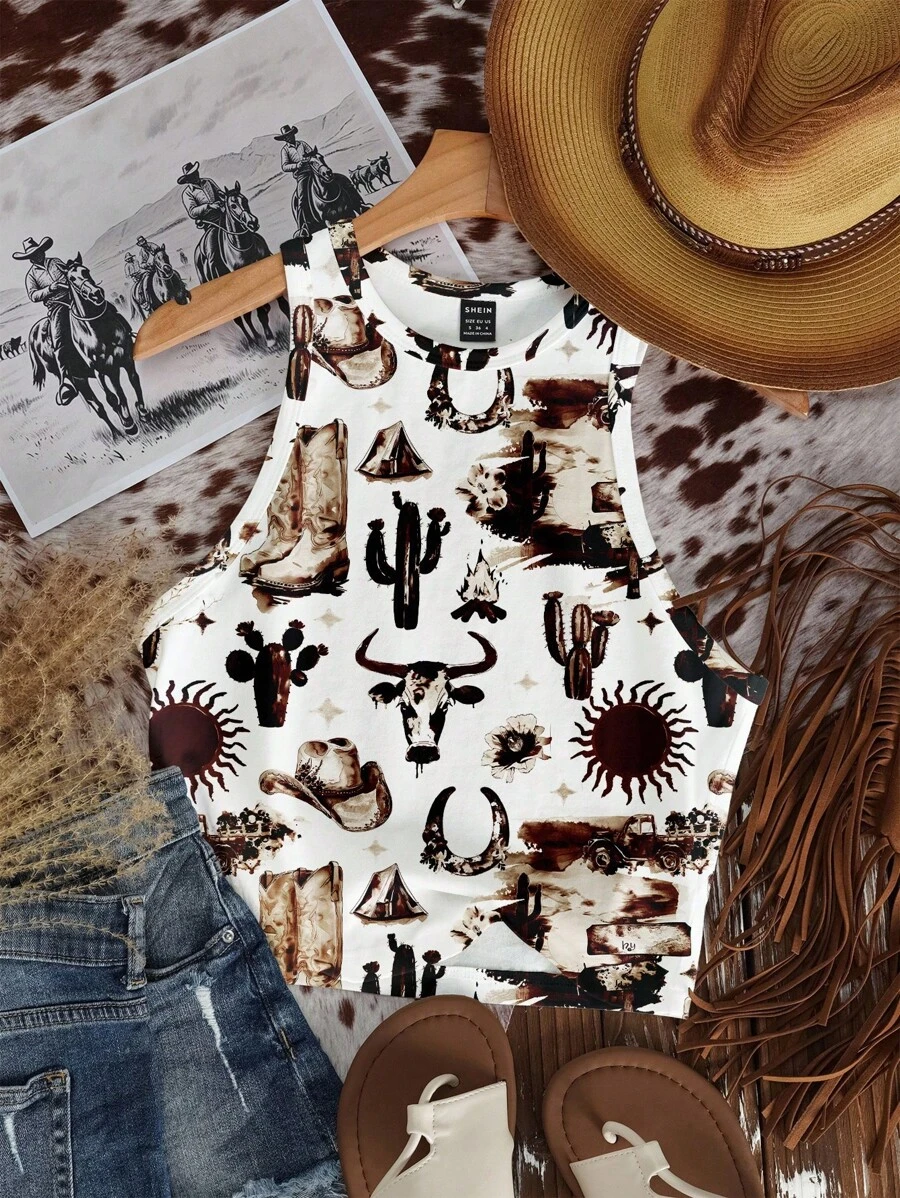 SHEIN EZwear Casual Minimalist Cactus Graphic Round Neck Tight Fit Women Tank Top, Suitable For Summer Chic - Multicolor - View 1