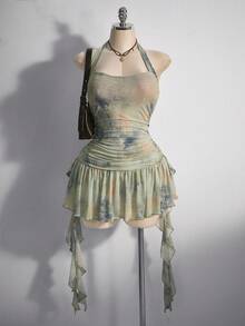 SHEIN ICON 加大码方领露背腰褶饰荷叶边下摆扎染长裙，夏季度假，波西米亚风，女士夏季连衣裙 - 彩色 - 查看 1