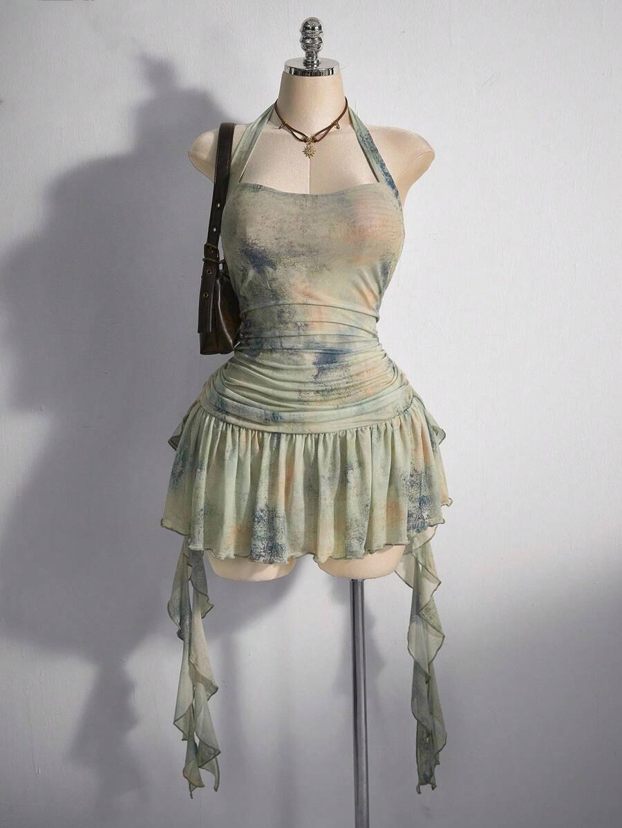 SHEIN ICON 加大码方领露背腰褶饰荷叶边下摆扎染长裙，夏季度假，波西米亚风，女士夏季连衣裙 - 彩色 - 查看 1