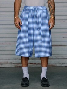 AXEPEAK Men's Woven Casual Loose Plaid Elastic Waist Straight Leg Shorts - Blue and White - View 5