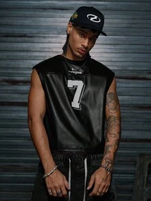 AXEPEAK 男士针织休闲宽松无袖印花数字图案背心，时尚日常穿着 - 黑色 - 查看 5