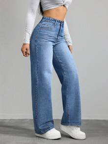 SHEIN ICON 女士口袋宽松阔腿休闲百搭牛仔裤 - 淺色水洗藍 - 查看 6