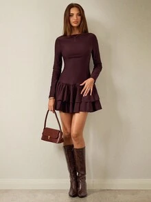 SHEIN BAE Váy ngắn chữ A cổ tròn tay dài họa tiết lá sen kép màu đỏ rượu vang trơn dành cho nữ mùa thu đông, váy thanh lịch, váy sinh nhật, váy thanh lịch phù hợp cho lễ hội, đám cưới, sinh nhật, mùa tốt nghiệp, váy bó, váy mùa thu cho nữ, quần áo Giáng sinh, quần áo Halloween cho nữ, trang phục đêm hẹn hò cho nữ, váy khách dự tiệc cưới, váy khách dự tiệc cưới váy trang trọng thanh lịch cho khách dự tiệc cưới - màu nâu - Xem 1