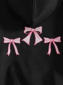 1pc Girls Zip-Up Hooded Long Sleeve Jacket, Butterfly Embroidery Decor On Back & Sleeves Fall Winter - Black - View 6