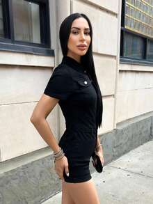 Carolina Barros 翻蓋口袋前紐扣牛仔連體短褲 - 黑色 - 查看 5