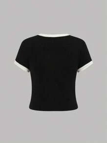 SHEIN Polyester Black Long-Length Co-Ords Set Featuring Short Sleeve Tee And Drawstring Pants Two Pieces Women Sets Women Pants And Top Set Co Ord Sets Matching Set Girl Co Ord Sets Matching Outfits Woman Women Fashion Set - Black - View 6