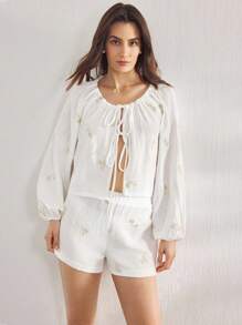 Ocili 休闲棉质纱布刺绣系带舒适简约女士长袖上衣和短裤家居睡衣套装秋装 - 白色 - 查看 5