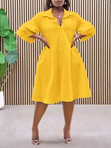 SHEIN CURVE+ 2025 年新款女装 - 狂欢、复活节、老钱风格、乡村音乐会、外出、仙女风、节日、热带度假、适合春夏季、夏季服装、狂欢、欧洲夏季、春季、西部服饰、音乐会、毕业典礼、适合日常通勤、商务休闲、极简休闲沙滩装 - 分层荷叶边袖衬衫、不对称下摆中长连衣裙、曲线加大码、波西米亚度假加大码黄色连衣裙加大码荷叶边连衣裙 5xl 加大码柠檬色连衣裙加大码加大码 Ov - 黃色 - 查看 7