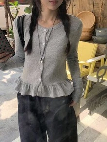 DAZY 女士休闲荷叶边圆领长袖T恤，韩版风格