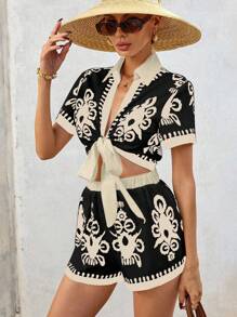 SHEIN VCAY 2pcs Women Vacation Print Tied Collar Hem Bowknot Shirt And Pants Set - Black - View 6