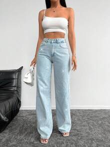 EURMUSE Quần Jeans Ống Thẳng Cạp Cao Đính Đá Rhinestone 100% Cotton - Màu xanh lam - Xem 4