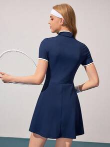 CourtClass 时尚复古女式拉链拼色运动连衣裙 - 寶藍色 - 查看 2