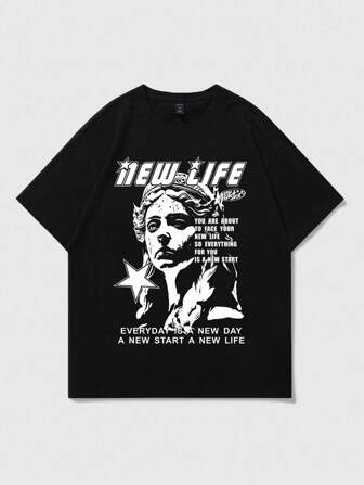 Street Life Men's Casual Slogan Graphic Print Short Sleeve T-Shirt, Summer, 2000s Style