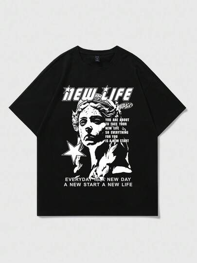 Street Life Men's Casual Slogan Graphic Print Short Sleeve T-Shirt, Summer, 2000s Style