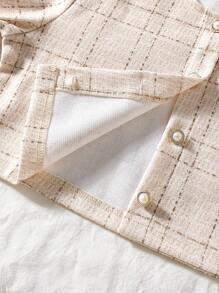 SHEIN 3pcs Girls Tween Girl Plaid Pattern Button Front Herringbone Skirt Suit Set, Elegant Long Sleeve Round Neck Jacket And Solid Color Round Neck Top