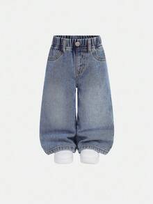 SHEIN 2件套女婴深蓝色和浅蓝色牛仔保暖宽松裤，适合秋冬季节穿着。 - 彩色 - 查看 13