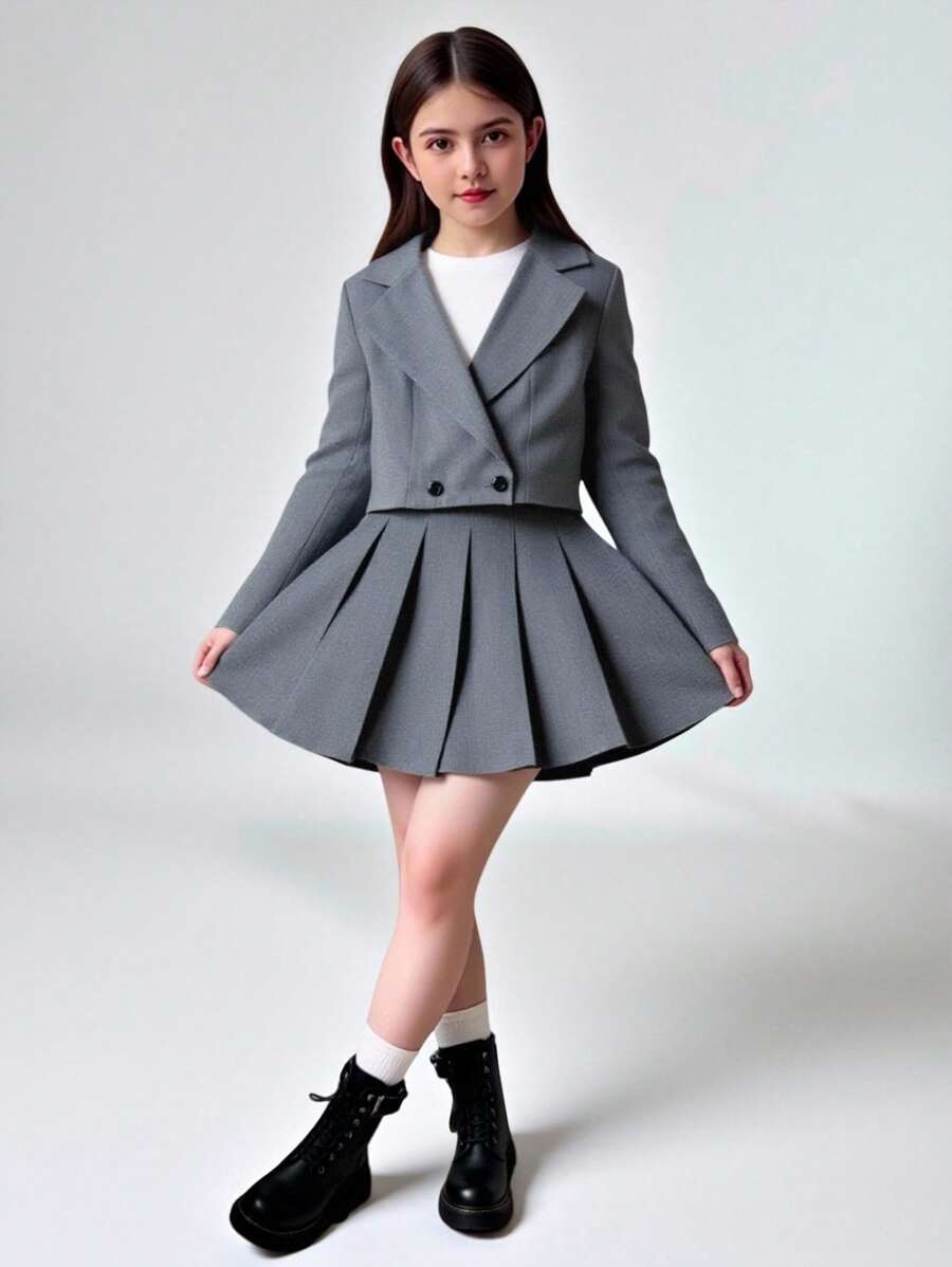 Maija Kids Maija Kids Tween Girl Notched Collar Double-Breasted Blazer & Pleated Skirt 2 Pieces Set Teen Skirt Suit Blazer Suit For Teen Girl Fall Winter - Grey - View 1