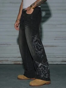 AXEPEAK Men's Washed Distressed Jeans, Loose Casual Rhinestone Embellished Unique Pants - Blue - View 1