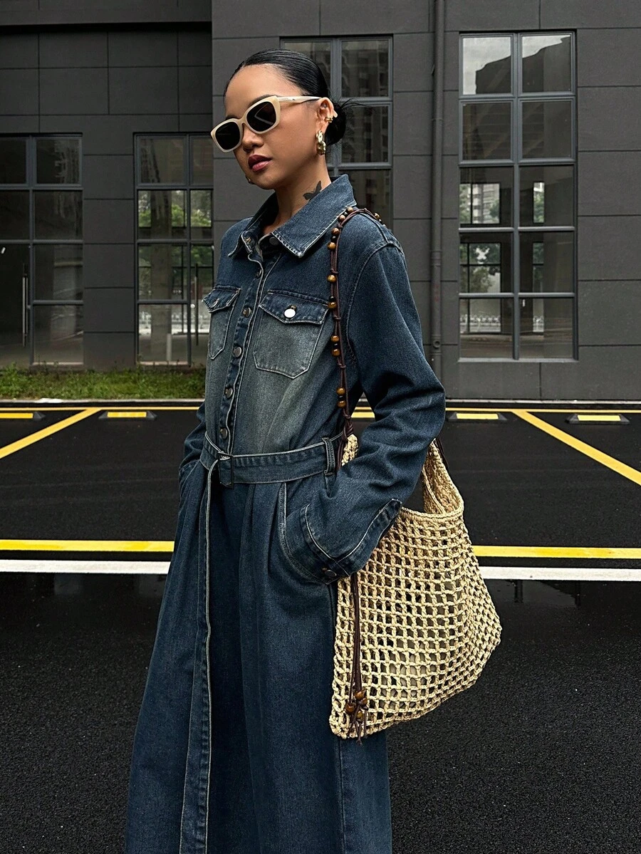 DAZY Women's Autumn Collared Waist Cinched Denim Dress - Blue - View 1