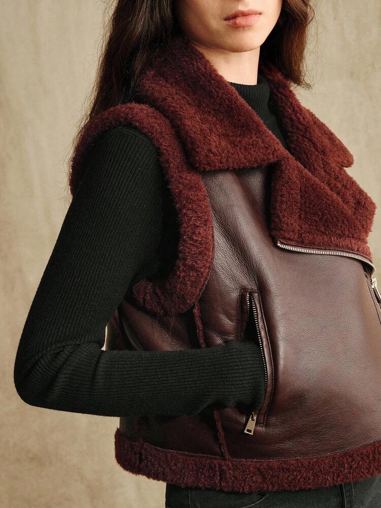 Anewsta Women's Red Short Lapel Sleeveless Fitted Faux Fur Vest Jacket, New Year & Christmas