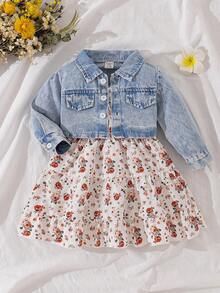 SHEIN Vintaside Kids 2 件套女婴牛仔碎花夹克和连衣裙休闲套装，适合秋季户外穿着 - 彩色 - 查看 3