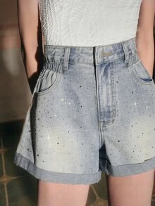Anewsta Quần short denim rách đính đá Maillard Rhinestone dành cho nữ - Lạc đà - Xem 1