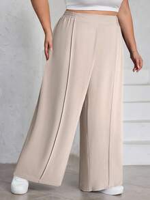 SHEIN CURVE+ 大码女式纯色褶皱裤，黑色宽松阔腿裤，曲线加大，波西米亚度假风 - 卡其色 - 查看 3