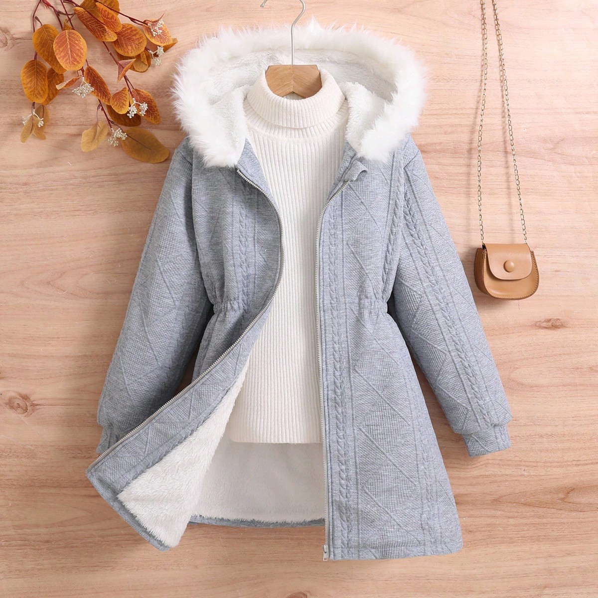 Chaqueta con capucha de punto texturizado de longitud media, de cuello cálido y esponjoso, versátil para la escuela y el uso diario, para niñas pre