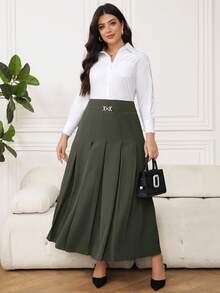 Modelyn Falda elegante de oficina con pliegues y decoración metálica, talla grande y unicolor - Verde militar - Ver 3